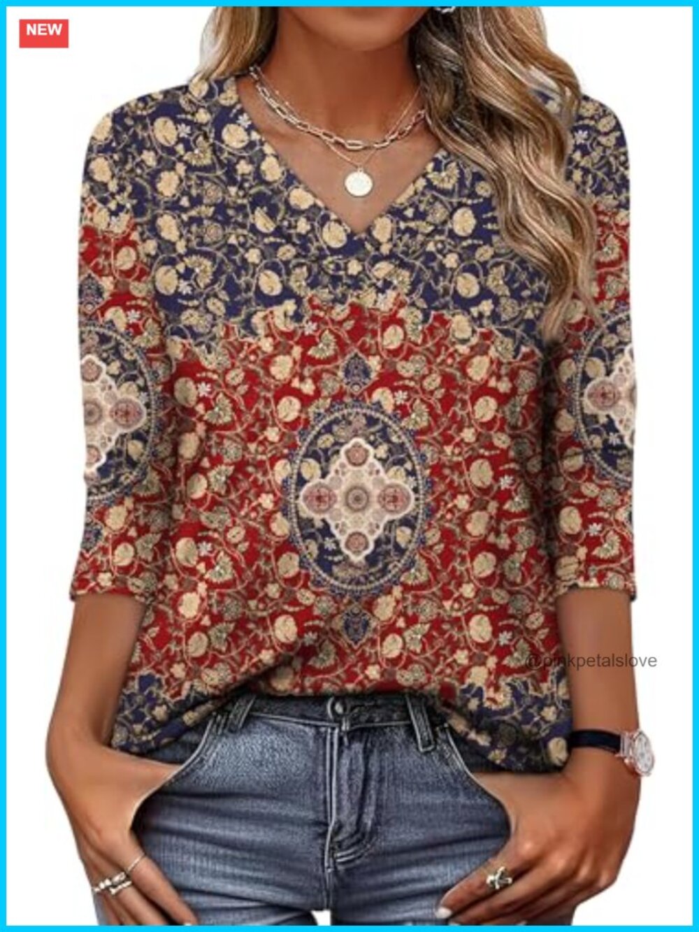 3/4 Length Sleeve V Neck T Shirts Blouses Dressy Casual Tunic Tops